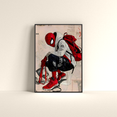 Spider-Man street style poster featuring Spider-Man in a hoodie and red sneakers with a red backpack